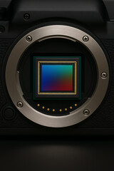 Camera Sensor Close-up: A macro view of a digital camera sensor, revealing intricate details and vibrant colors of a precision technology.