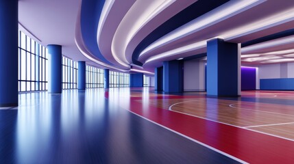 Modern indoor basketball court featuring sleek design, vibrant colors, and expansive windows