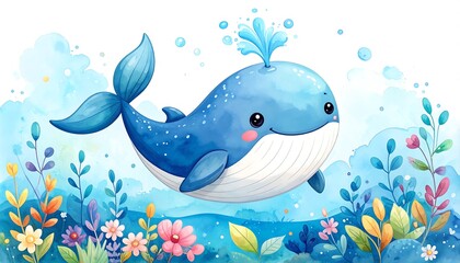 Obraz premium Cute Blue Whale in Watercolor Style.