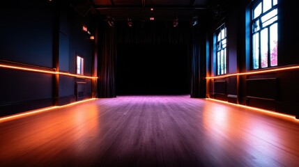 Empty stage in a dimly lit theater with glowing orange lights along the edges and large windows