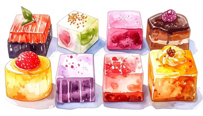 Colorful watercolor illustration of assorted miniature desserts