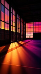 Stunning sunset casting vibrant colors through large windows in an empty gymnasium, creating dramatic shadows