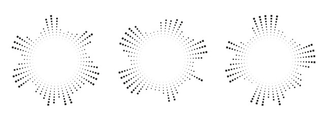 Set of radial equalizer patterns with broken beam lines. Circular sound wave graphics representing audio signals and voice pulse. Vector spectrum design..