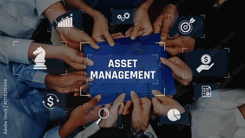 Poster a dynamic visual showcasing diverse hands holding a blue board labeled 'asset management,' surrounde