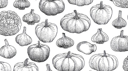 Hand-drawn pattern of pumpkins, garlic cloves, and kohlrabi on a stark white backdrop