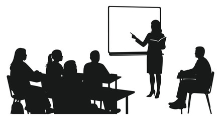 A silhouette of a business presentation with people in a meeting