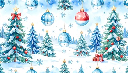 Watercolor Christmas trees and ornaments