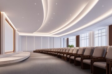 Modern conference room with elegant lighting and seating, ready for a presentation, showcasing a professional atmosphere