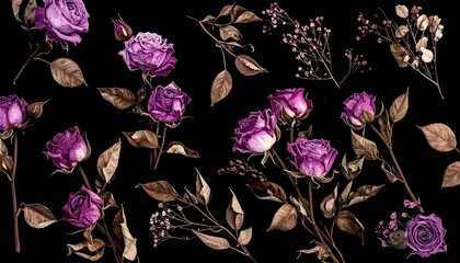 Purple roses bloom against a black canvas—framed by brown leaves and scattered berries, where every petal whispers of dusk-tinted elegance and floral drama.