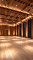 Modern, spacious interior of a well-lit wooden hall with ambient lighting, perfect for events or gatherings