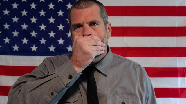 American Censorship Concept - Male Journalist or Politician - See no evil, Speak no evil, Hear no evil idea - Distracted Citizens