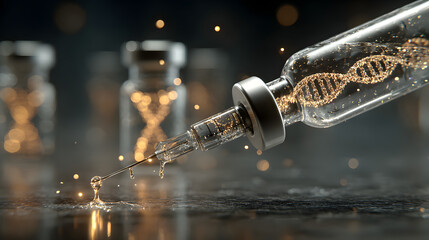 mRNA vaccine injection concept featuring DNA strand, syringe, and medicine vial, representing medical advancements
