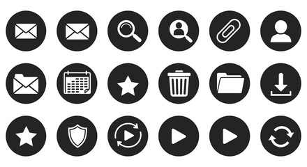 Collection of minimalist black circular icons representing various digital functions