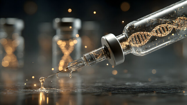 mRNA vaccine injection concept featuring DNA strand, syringe, and medicine vial, representing medical advancements