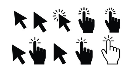 Collection of black hand and mouse cursor pointing icons displayed graphically