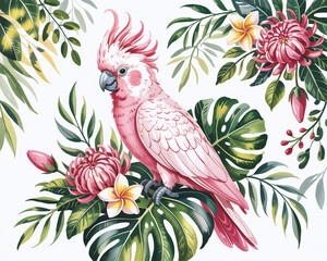 Watercolor Illustration of a Pink Parrot Amidst Lush Tropical Foliage and Blooms