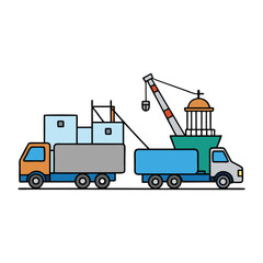 Busy port scene with trucks and cranes working together, loading and unloading containers, showcasing trade, transport, and global shipping in full motion.
