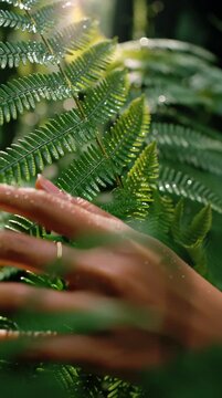 Woman's hand gently touching a wet green fern leaf in a forest