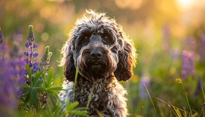 Dog in wildflowers at sunset