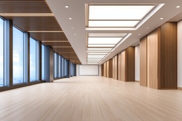 Spacious modern interior of a conference room with large windows and wooden accents, bright lighting