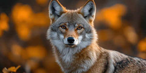 Fototapeta premium Closeup portrait of wild wolf in a blurry autumn landscape
