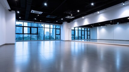 Spacious modern dance studio with large windows showcasing city skyline and bright lighting