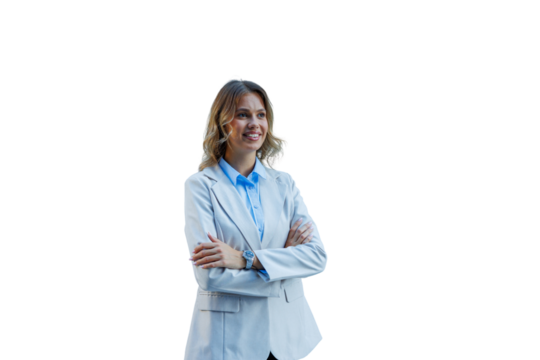 Confident young businesswoman standing with arms crossed looking away, embracing professional success and leadership on transparent background