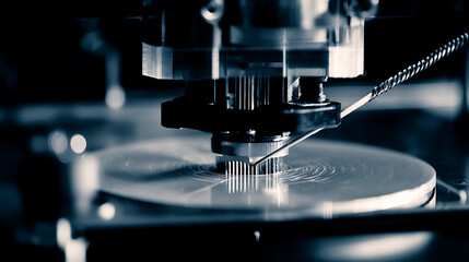 Close-up of a precision machine cutting a metallic disc with a fine tool in a controlled industrial environment