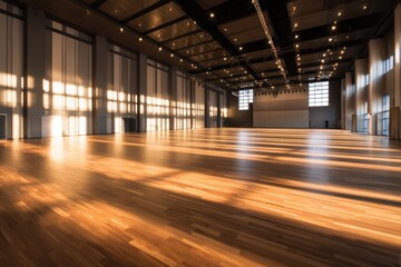 Spacious indoor venue with wooden flooring, bathed in warm sunlight, perfect for events and gatherings