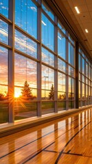 Serene sunset view through large windows of a gymnasium, reflecting warm light on polished wooden floor