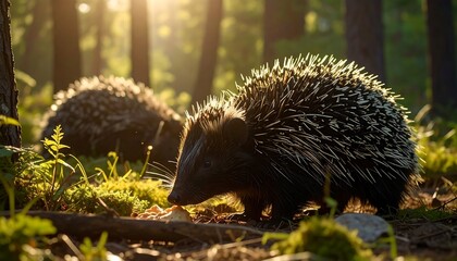 Hedgehog foraging in a sunlit forest