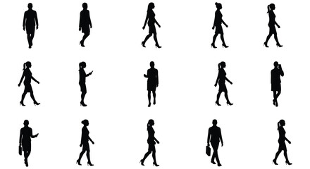 Silhouettes of people walking in various poses against a white background