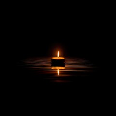 Single Candle Flame Reflecting on Dark Surface, Minimalist Still Life, Warm Light