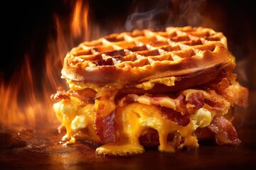 Fiery Waffle Sandwich - Bacon, Cheese, and Flame-Kissed Culinary Delight.