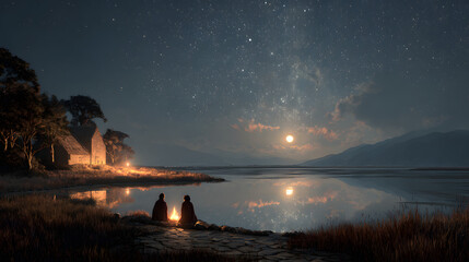 Celebrating Matariki with stargazing and reflection by the lakeside under a clear night sky