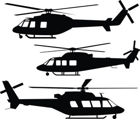Helicopter silhouettes, side view, aviation vector, rotor design, tactical aircraft, military transport, aerospace icons, flight illustration, black shapes, streamlined body