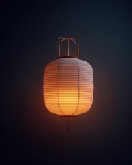 Single glowing Japanese paper lantern hanging against a dark background, emitting a warm, soft light.