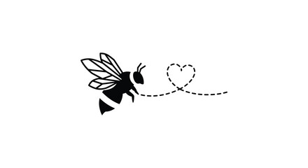A simple black and white illustration of a bee flying towards a heart