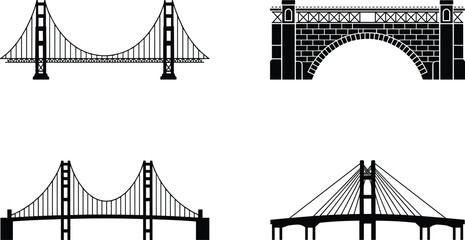 Bridge silhouette, suspension and arch bridge vector, modern cable-stayed structure illustration, architectural construction design, urban crossing graphic, transportation landmark symbol set