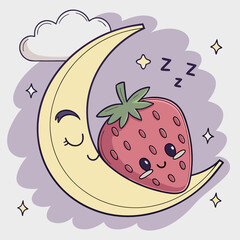 Cute strawberry character sleeping on a crescent moon with stars around it