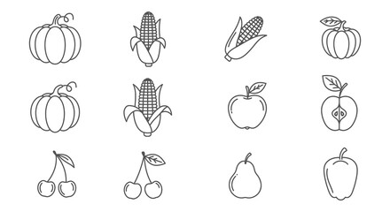 Simple line drawing of autumn harvest fruits and vegetables collection