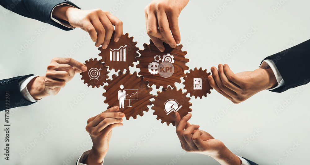 Poster hands of diverse professionals intertwine to showcase gears, symbolizing teamwork and key performanc