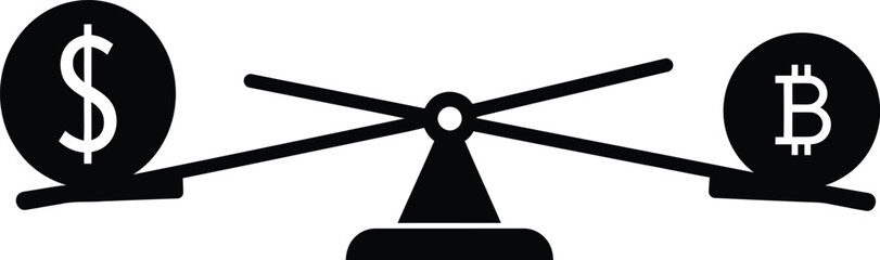 Comparing traditional currency and bitcoin with a balance scale illustration