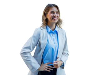 Businesswoman standing confidently, looking away and smiling, portraying success, ambition, and professionalism with transparent background