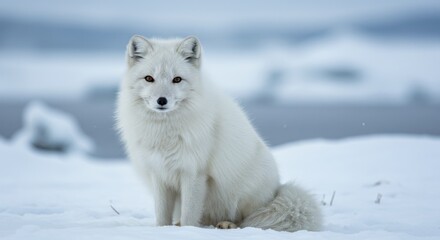 Naklejka premium Arctic Fox with Fluffy White Fur and Amber Eyes Sitting Calmly on Snow in a Frozen Winter Tundra under Soft Natural Light