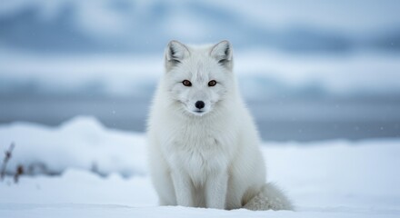 Obraz premium Arctic Fox with Fluffy White Fur and Amber Eyes Sitting Calmly on Snow in a Frozen Winter Tundra under Soft Natural Light