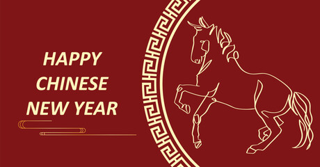 Chinese New Year 2026, the year of the Horse, red and gold line art characters, simple hand-drawn Asian elements with craft (Chinese translation: Happy Chinese New Year 2026, year of the Horse)