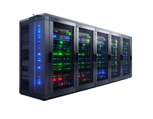 Angled View of High-Tech Server Rack with Illuminated Indicators, PNG