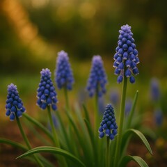 Cluster of vibrant blue grape hyacinth flowers with green leaves against a blurred golden bokeh background
