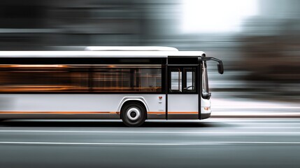 Sleek modern white and black city bus in dynamic motion on a blurred road